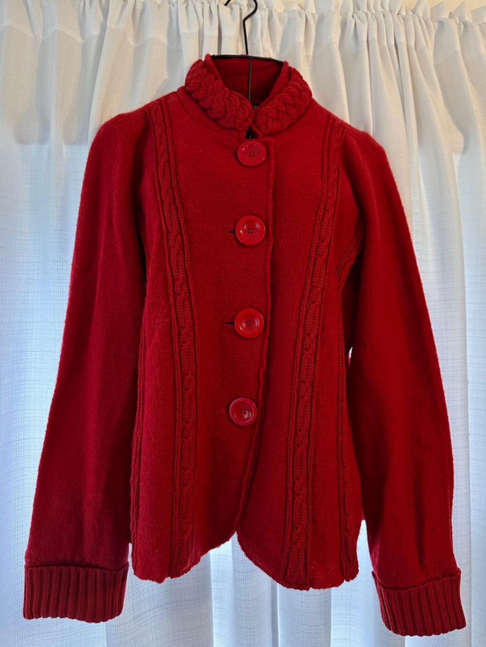 Vintage Willi Smith Wool Red Cable-Trim Button Sweater Coat/ Cardigan